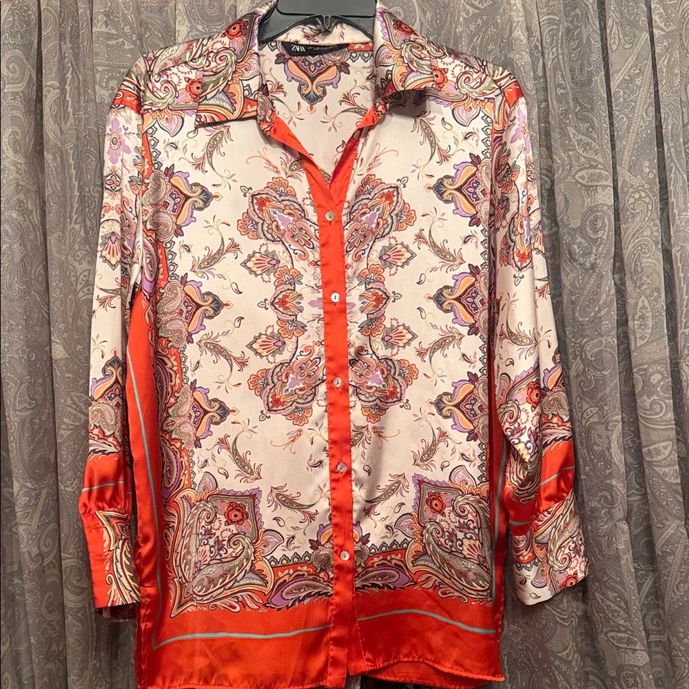 Zara Versace style Red and Cream Paisley Silk Shirt